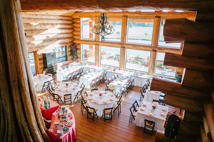 The seated dinner took place inside the rustic log cabin at Foxboro Ranch Estates. The ceremony and reception dancing took place outdoors.