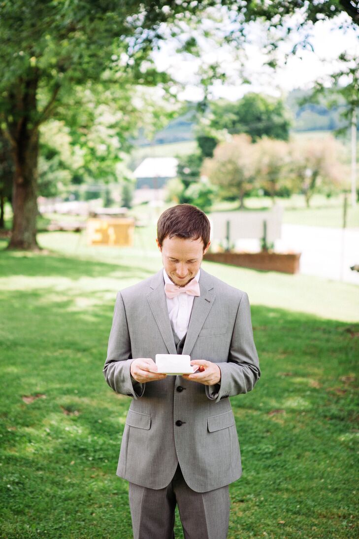 Gray Groom Suit With Pink Bow Tie