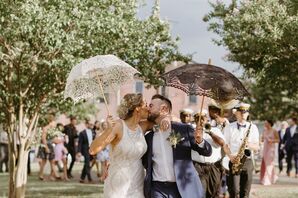 Romantic Second Line with Bride, Groom and Parasols in New Orleans