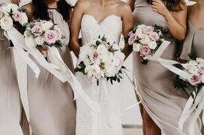 Elegant White Blossom Bouquets, Neutral Bridesmaid Gowns