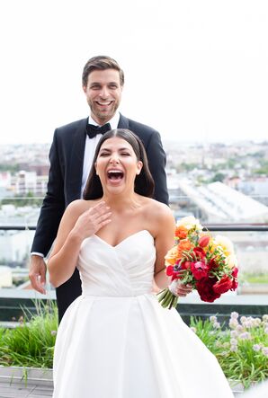 Bride Laughing During Rooftop Portraits at The LINE Hotel in Washington, DC