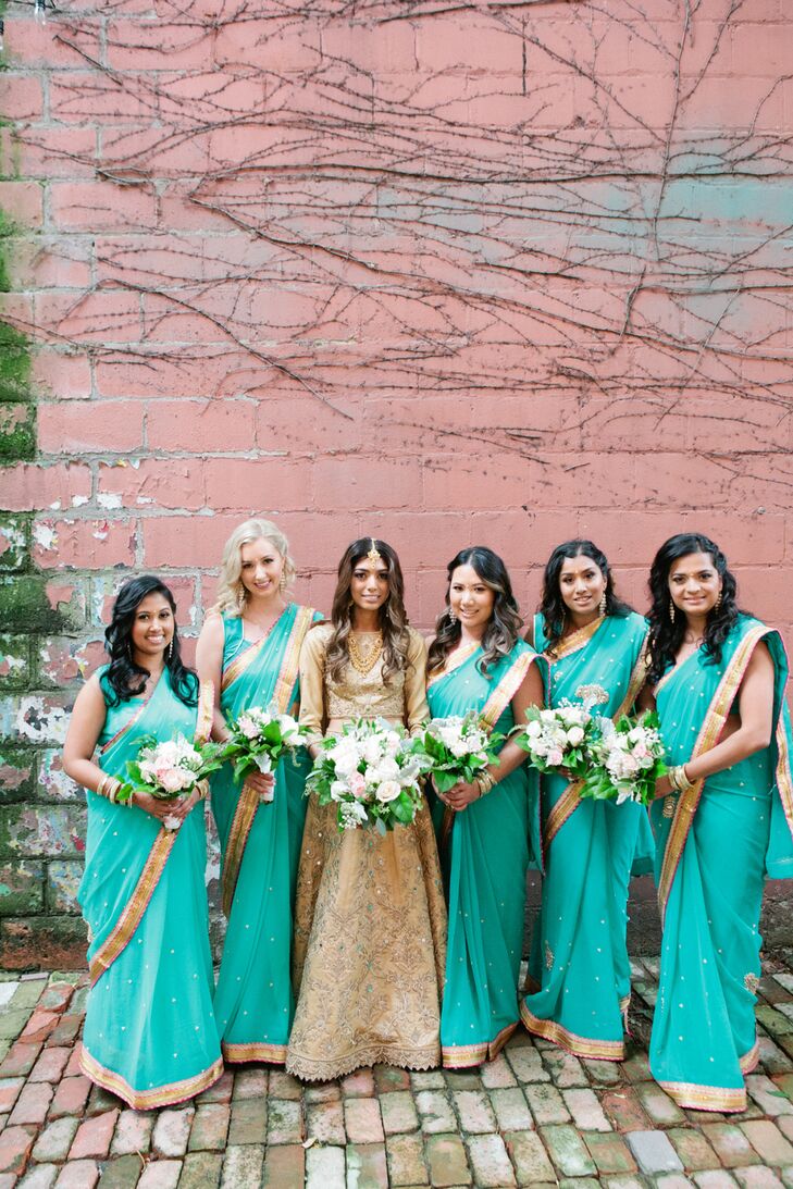 Vibrant Turquoise and Gold Bridesmaid Saris