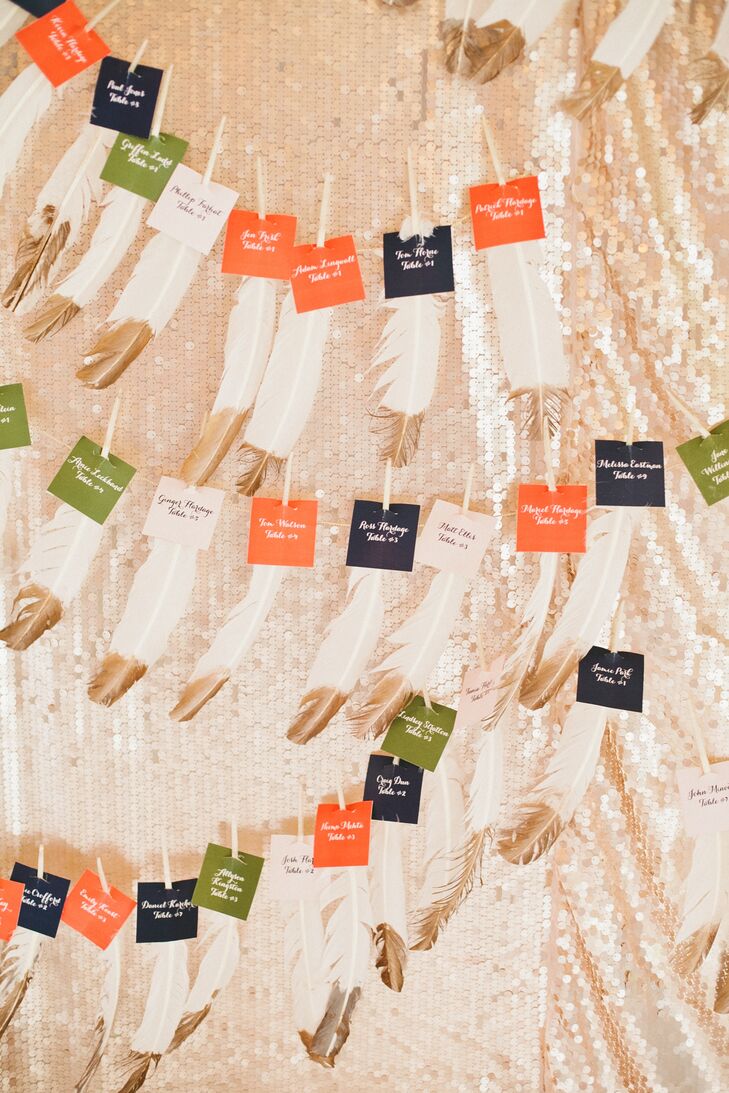 The escort cards were attached to gold-dipped feathers that hung on a gold sequined backdrop.