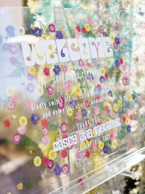 Retro-Inspired Unplugged Ceremony Sign With Pressed Flowers, 1960s Design