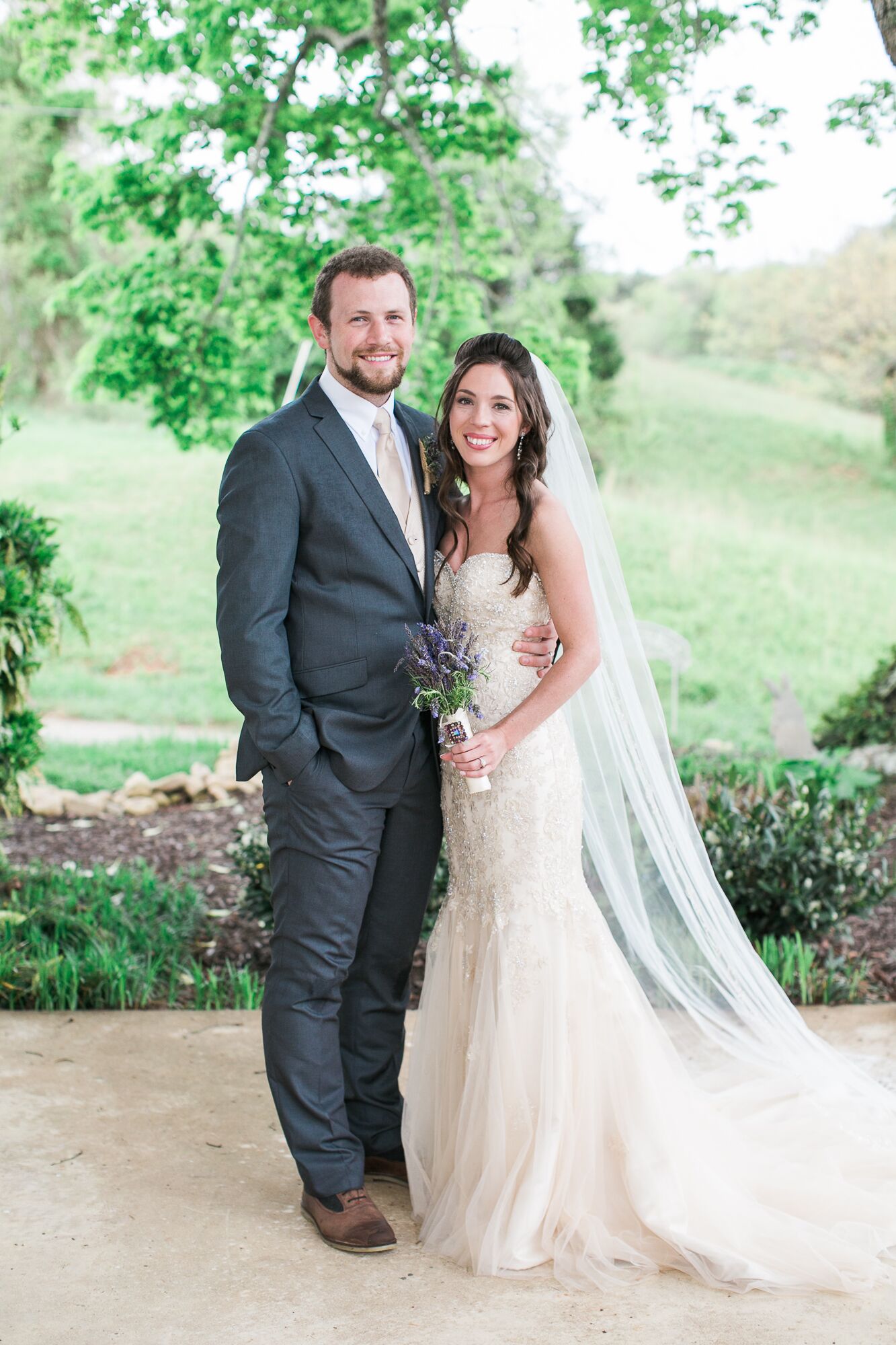 groom attire with champagne dress