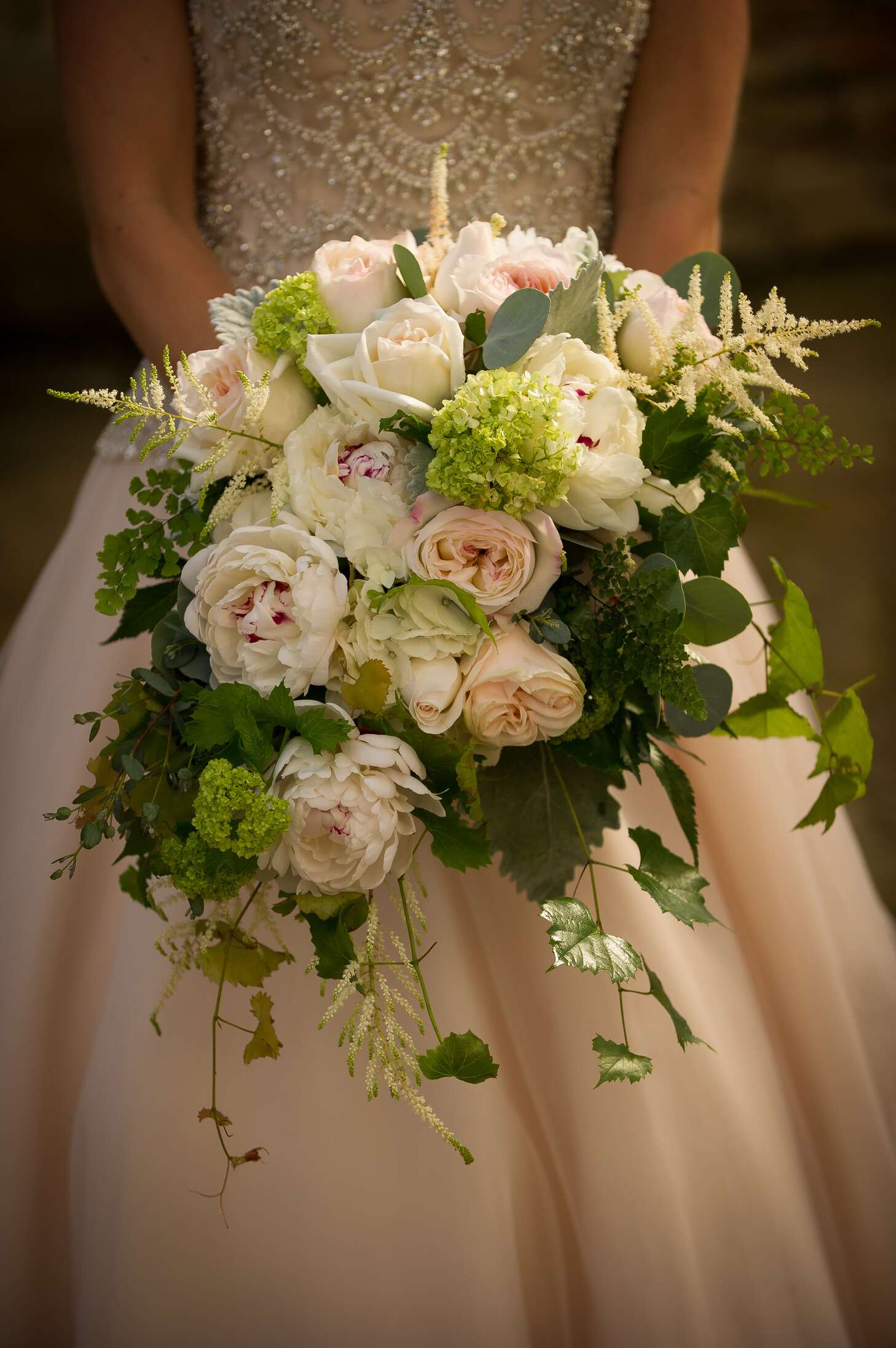 Ivory, Pink and Green Cascading Bouquet