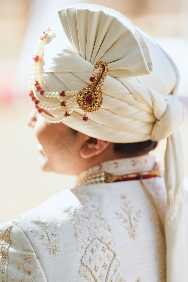 Indian Groom's White Safa Turban With Gold Adornment With Red Gems