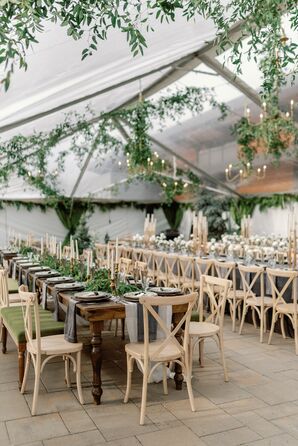 Tented Reception With Hanging Ivy Greenery, Chandeliers and Gold Candles on Tables