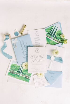 Romantic Blue-and-White Wedding Invitations With Venue Illustrations