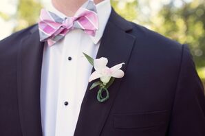 Pink and Gray Striped Bow Tie and Blush Boutonniere