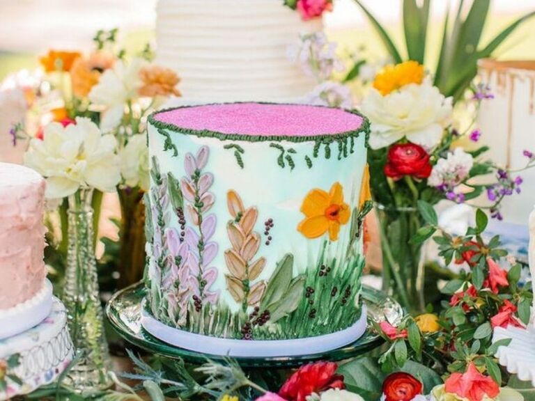 single-tier colorful garden-inspired spring wedding cake