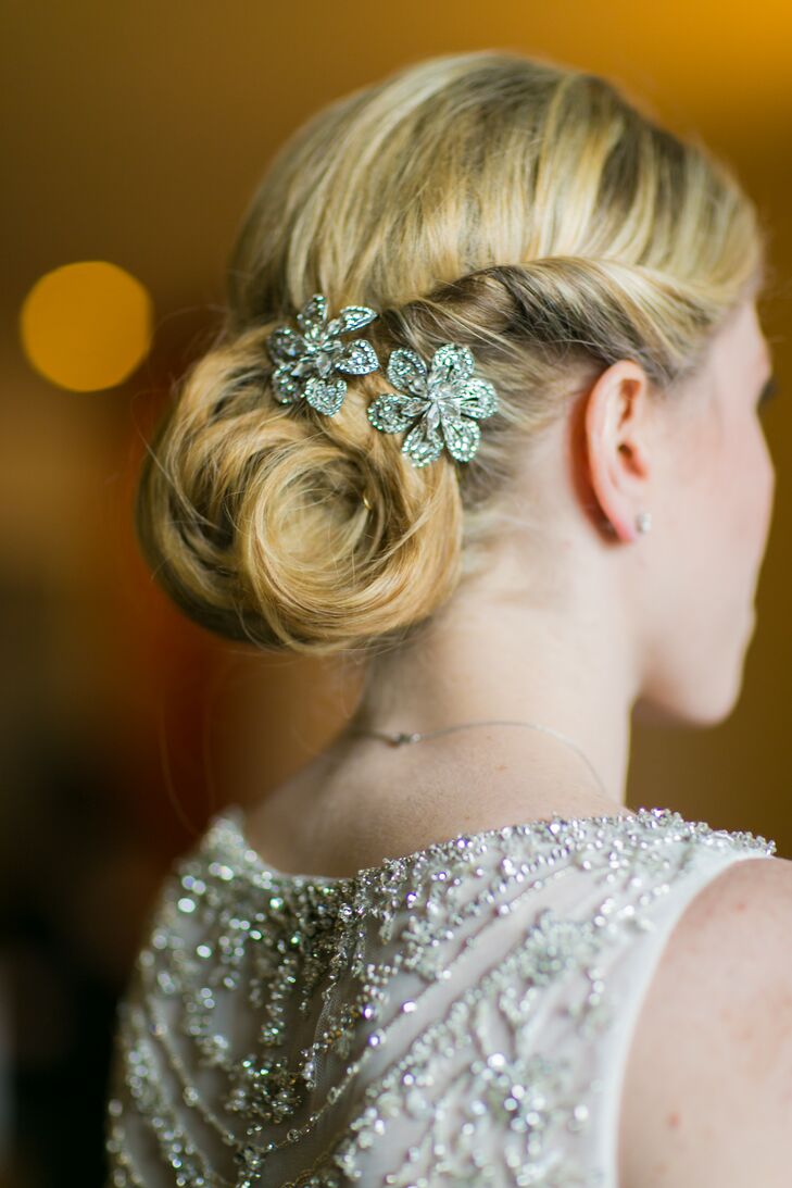 Curled Chignon Undo With Jeweled Flower Pin