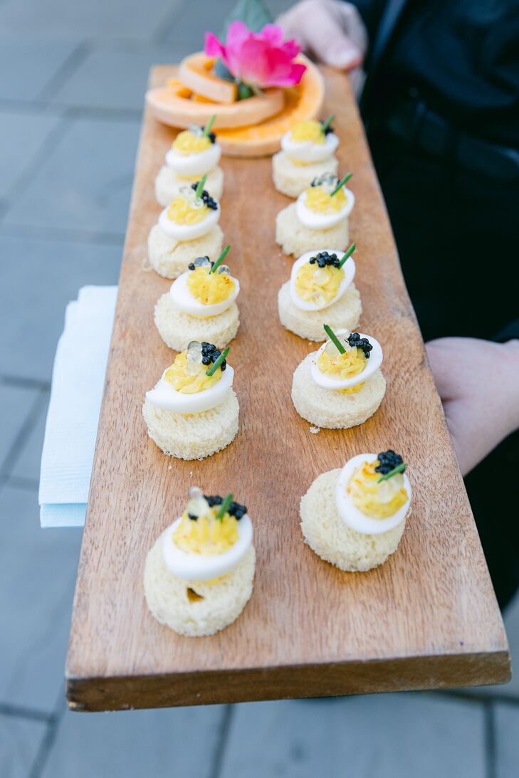 Deviled Egg Passed Appetizers With Caviar at Spring Cocktail Hour in NYC