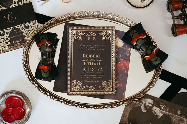 Vintage, Black-and-Gold Invitation With Feather Bow Ties for Two Grooms