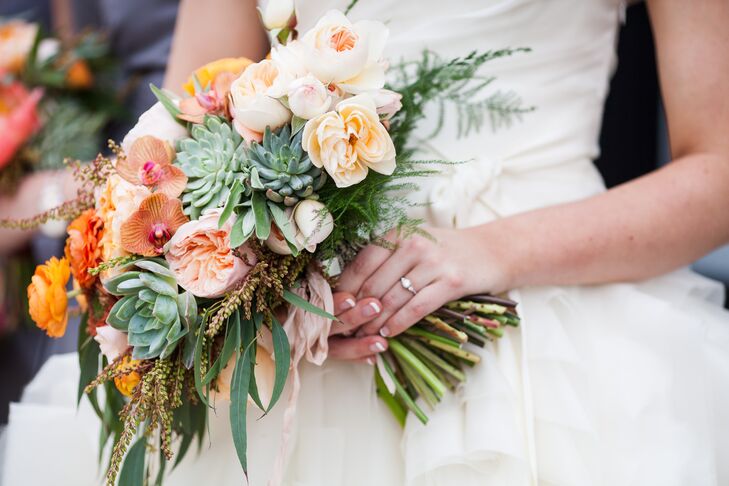 Munster Rose created Molly's gorgeous bridal bouquet. It included garden roses, peonies, poppies, succulents and orchids (Molly's favorite). It combined all the wedding colors—shades of orange, green and white—and kept with Molly's textured look from her Vera Wang dress.