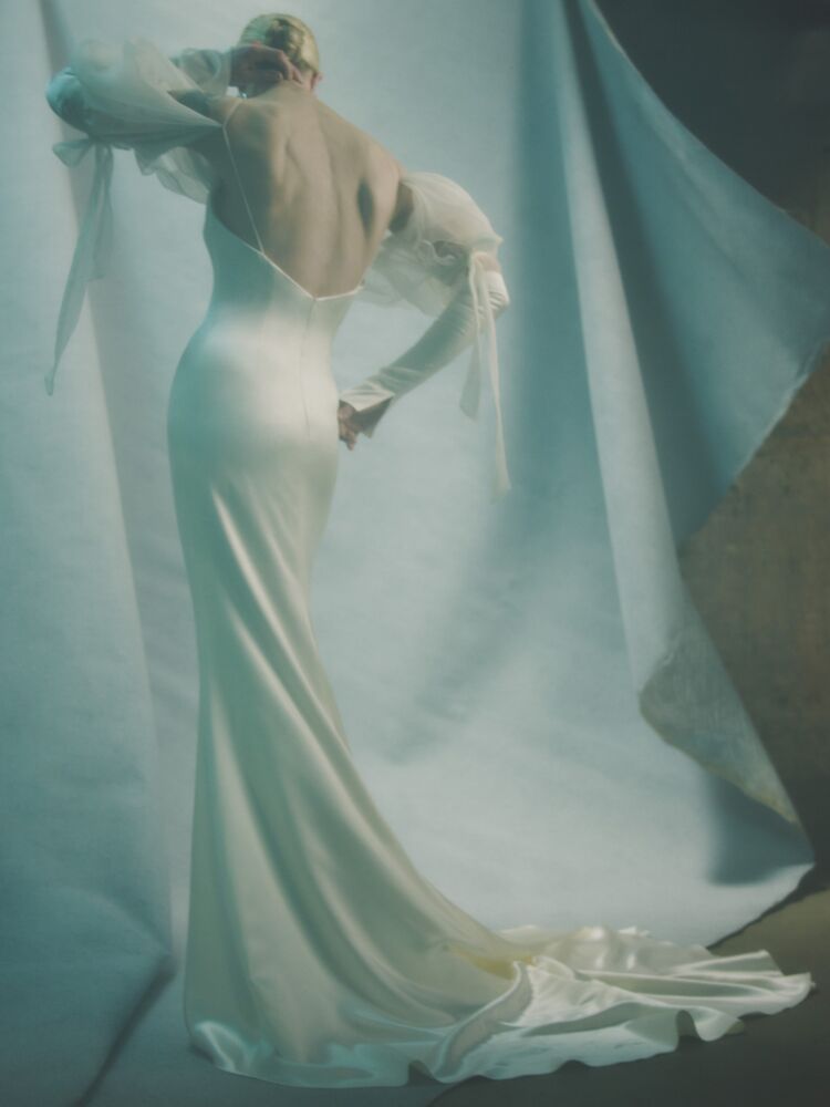 Danielle Frankel silk wool sheath wedding dress