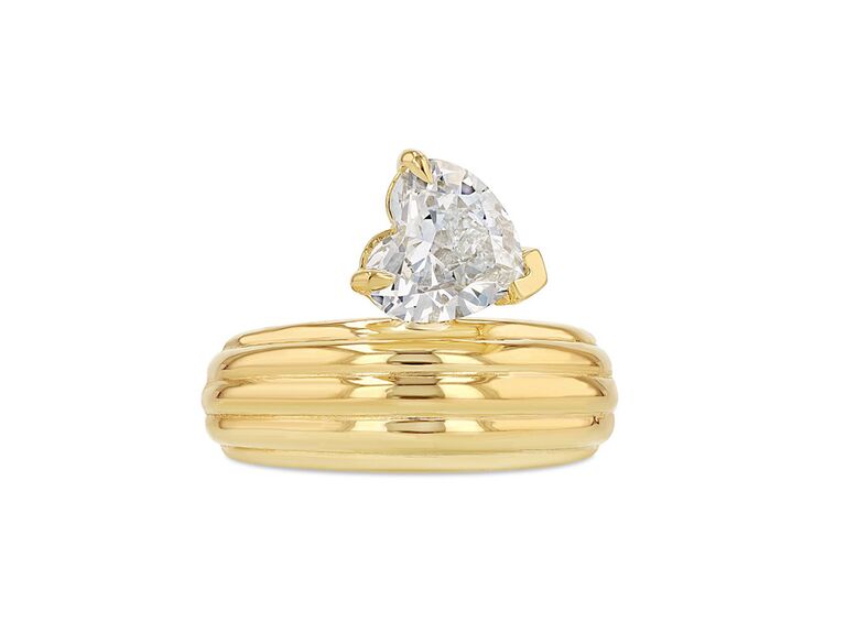 grace lee diamond heart shaped engagement ring with gold column bands