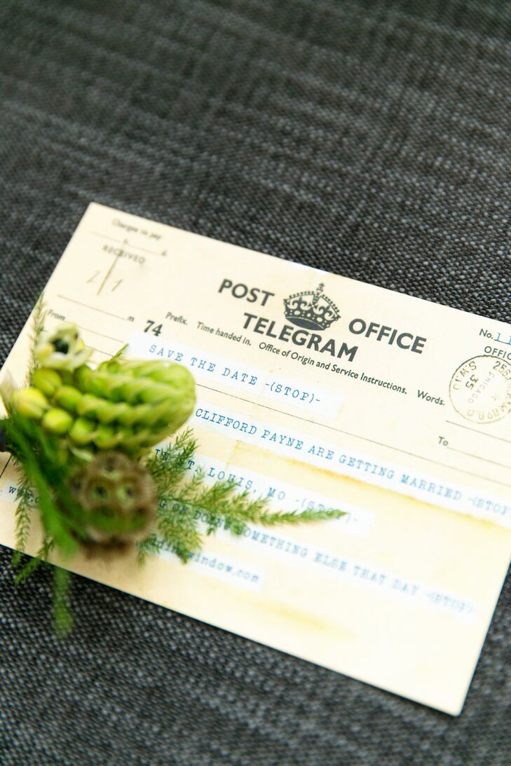Inspired by Linsey’s love of all things vintage and their unique Old Post Office venue, the couple worked with Courtney Callahan to create custom save-the-dates in the form of a telegram. For the escort cards, Linsey found vintage postcards on a trip to New York and handpicked one for each guest, basing the selections on details that reminded her of them. “I’m fairly certain only a handful of people picked up on this, but the few that did made it worth the effort,” says Linsey.