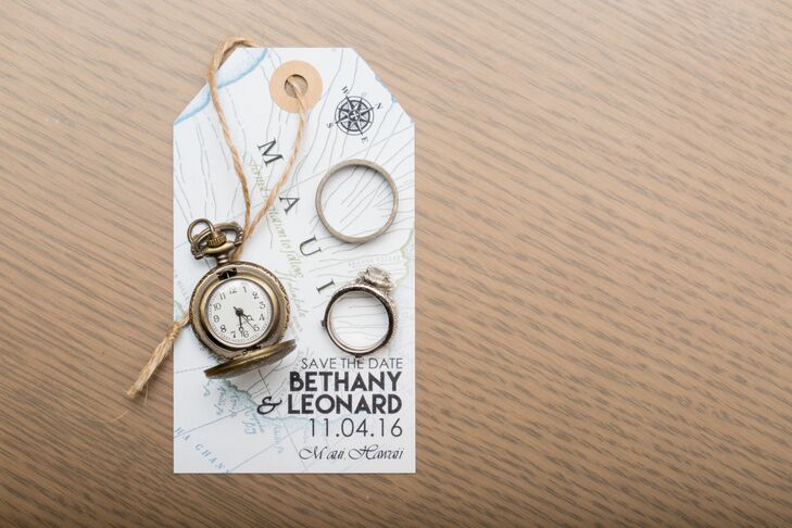 Bethany and Leonard's save-the-dates had a travel theme and centered on a map of Maui, Hawaii where their event took place.