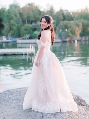 Off-the-Shoulder Dress for Wedding at Basin Harbor Club in Vergennes, Vermont