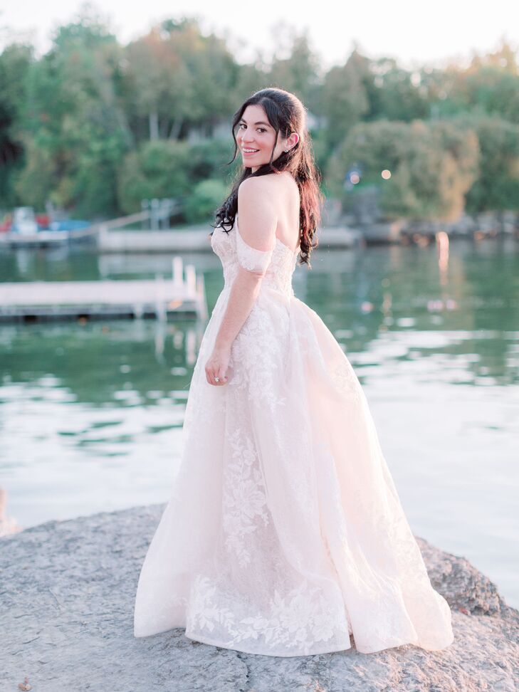 Off-the-Shoulder Dress for Wedding at Basin Harbor Club in Vergennes, Vermont