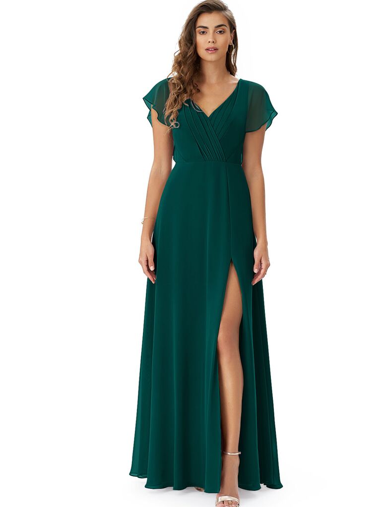 Emerald green cap sleeve formal fall wedding guest dress