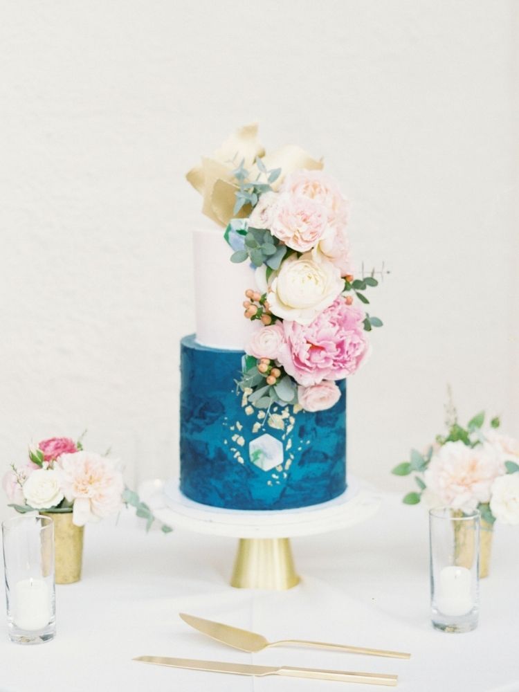 two-tier blue-and-white spring wedding cake