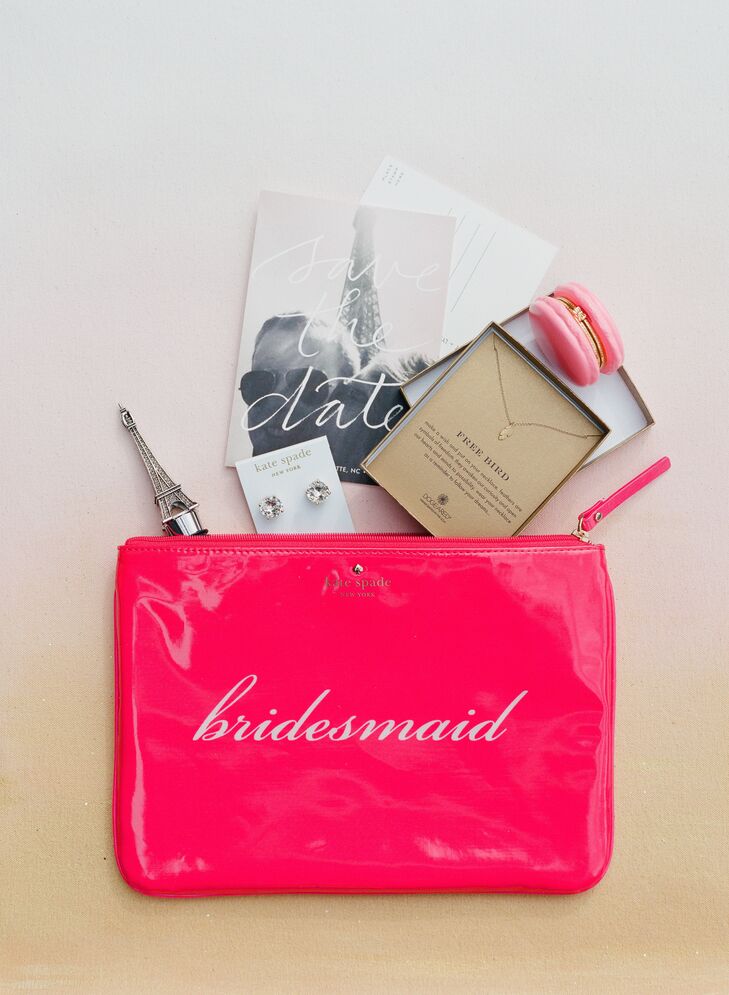 Lynn purchased pink Kate Spade rnGia bags that said “bridesmaid” on them. Each was filled with a set of Kate Spade crystal earrings and a dog-eared necklace that Lynn specifically picked to represent a meaningful time in their lives as friends.