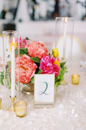 Pink Peony Centerpiece, Taper Candles and Simple Table Number