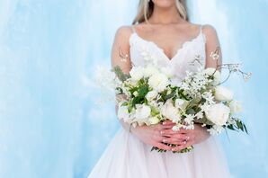 White Bouquet with Dahlias, Roses, Branches and Greenery