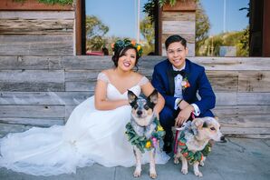 Boho Bride and Groom with Dogs with Floral Collars