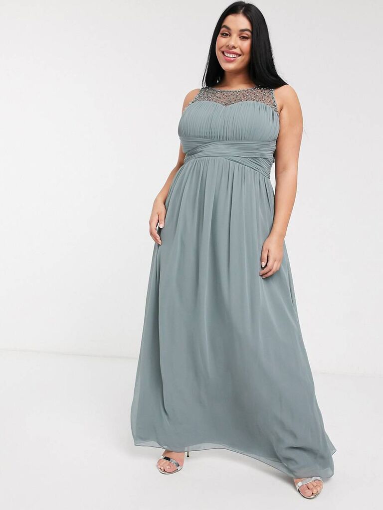 Gray maxi dress with embellished neckline and ruched bust