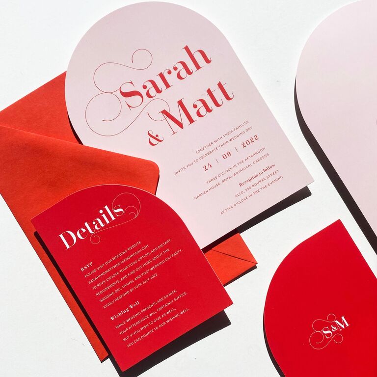 arch pink and red wedding invitations for V-Day
