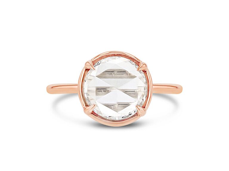 grace lee rose gold engagement ring with round diamond claw prongs and plain rose gold band