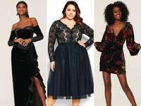 collage of three winter wedding guest dresses