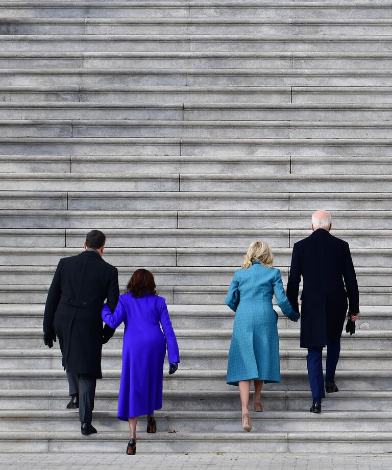 President Joe Biden (R), wife Jill Biden (2nd R), U.S. Vice President Kamala Harris (2nd L), and husband Douglas Emhoff (L) arrive for the 59th Presidential Inauguration 