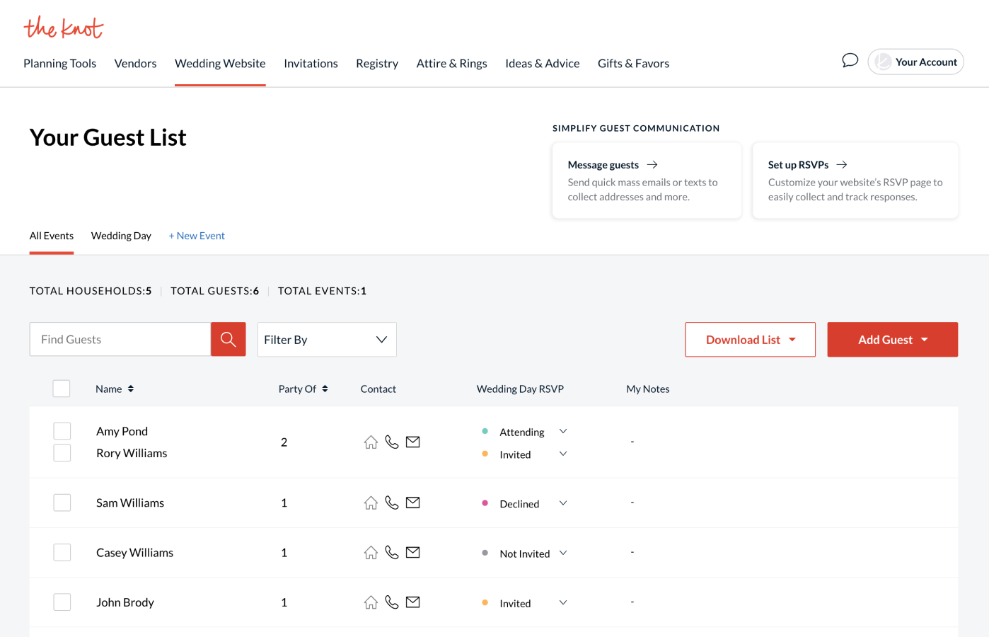 The Knot guest list with columns for name, number of guests in a party, contact info, RSVP response and notes, plus a search field, filters and a download button.