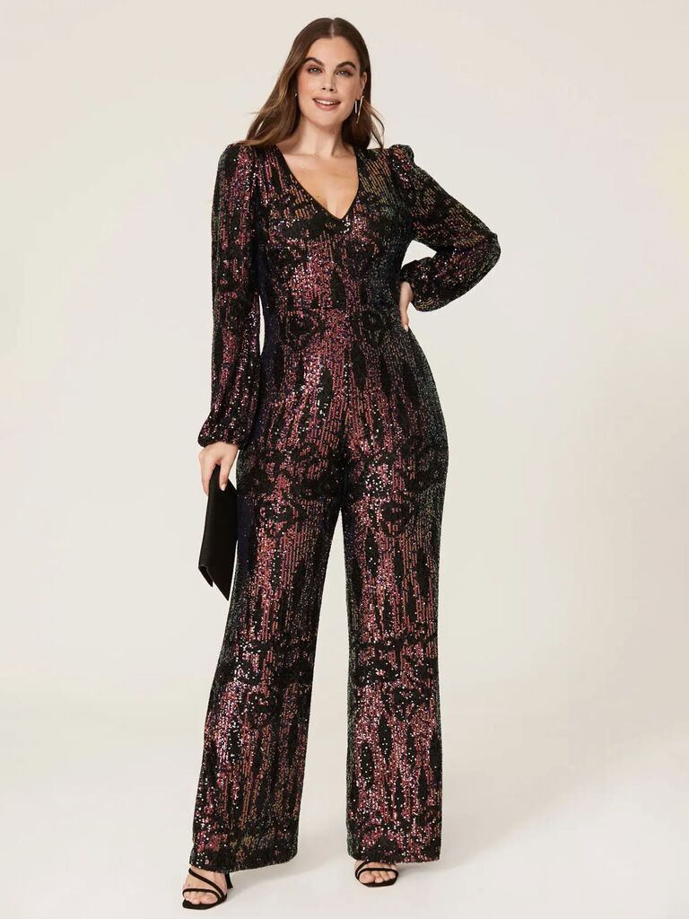 ML Monique Lhuillier sequin jumpsuit for black-tie optional attire