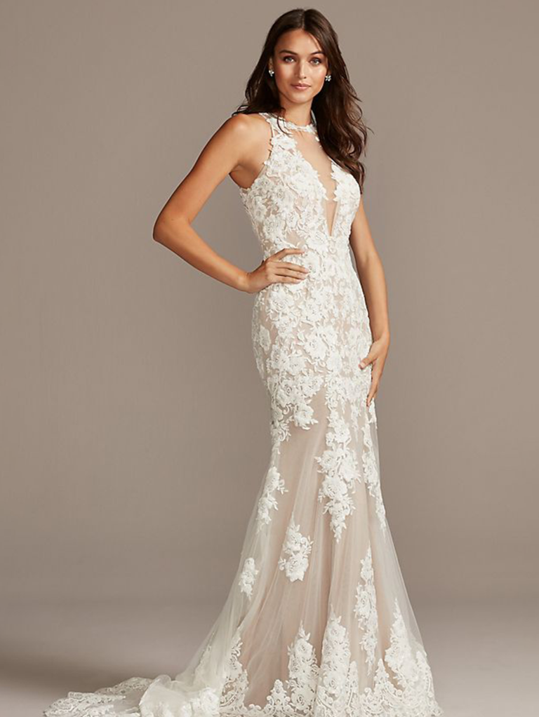 Fit and flare floral lace gown with halter neck