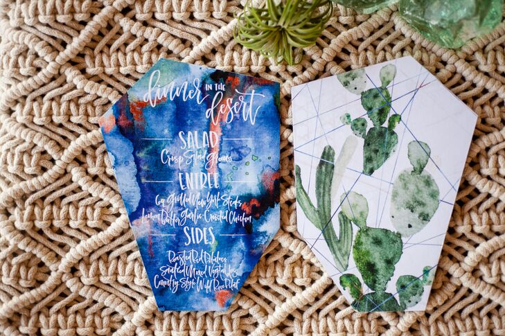 "We met several times with our calligrapher, L Shannon Designs, to customize the font and watercolor on many parts of the wedding," Christa says. "She absolutely killed it on our custom signs, menus, escort marble tiles and geometric wooden pieces. Her work was definitely one of the most special parts of our wedding, and it showed everywhere."