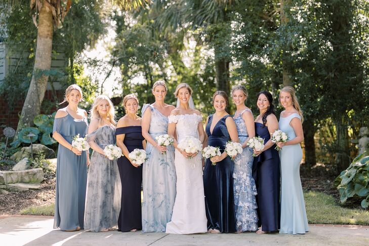 Bridesmaids in Dresses in Varied Shades of Blue