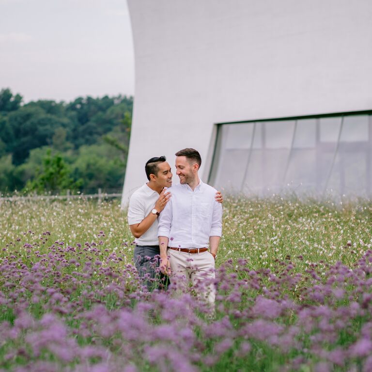 Field of purple flowers engagement photo ideas