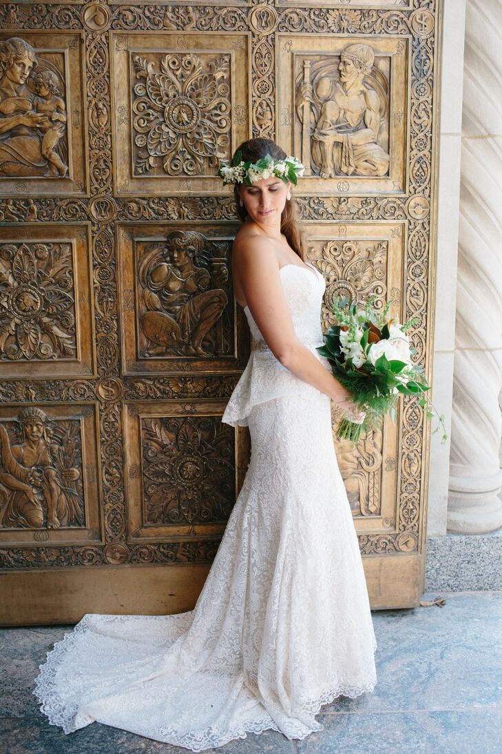 Having worked in the wedding industry, Claire had a general idea of what she wanted. After trying on countless gowns and not loving any of them, her best friend came to the rescue. She picked out this Allure Couture mermaid-style gown, and Claire fell in love. "It was nothing that I thought I would end up with but I was—and still am—absolutely in love with it," she says. "It reflected my personal style as well as the boho-chic feel of our wedding."