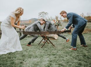 Anna and Brett’s elegant bohemian wedding at The Inn at Round Barn Farm was filled with a surprise log cutting ceremony and DIY projects. “The German 