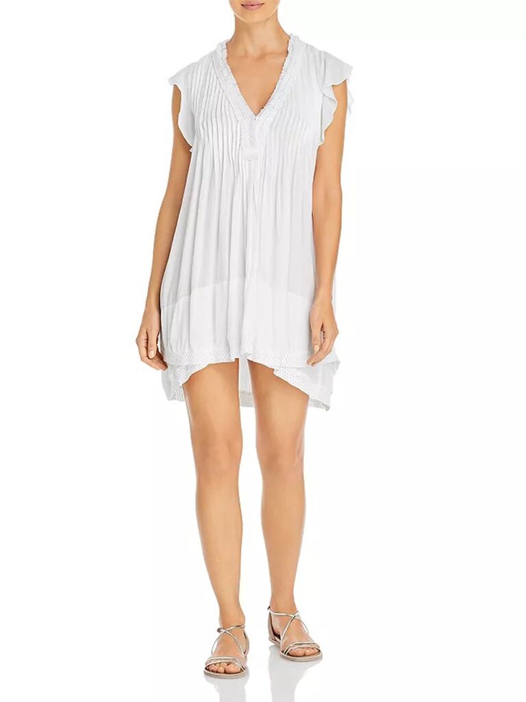 Breezy white lace trim mini dress with V-neck