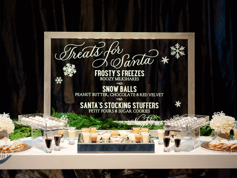 Christmas-themed dessert table as a winter wedding food idea.