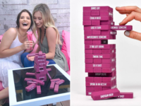 Collage of two women playing pink bachelorette jenga and a close up of the game