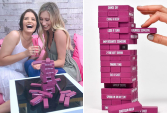Collage of two women playing pink bachelorette jenga and a close up of the game