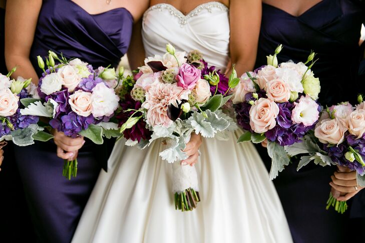 Light pink roses paired with dark amethyst hydrangeas filled the bridesmaids' bouquets.
