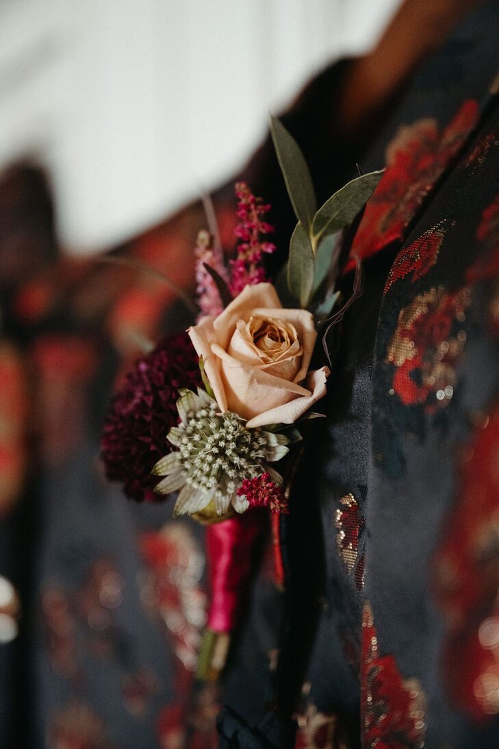 Boutonniere With Light Peach Rose and Deep Plum, Pale Green and Magenta Flowers
